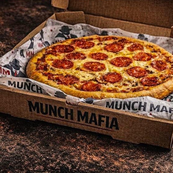 Fresh pizza in a box served at Munch Mafia Takeaway in Greenock